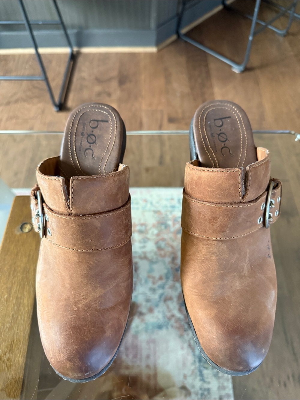 b.o.c. Tan Leather Slip-On Clogs with Buckle Accent